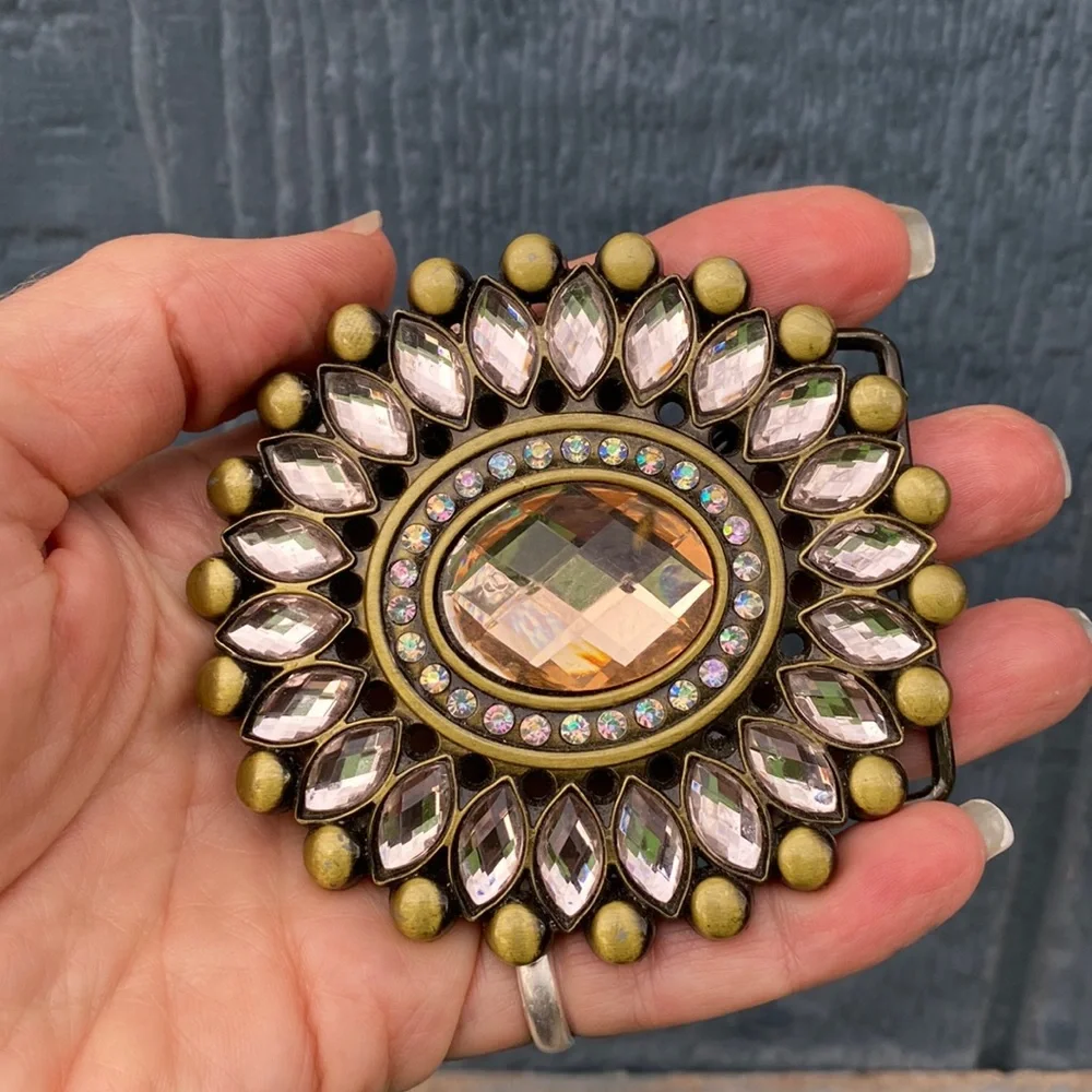 Rhinestone belt buckle, bronze metal, champagne and clear rhinestones